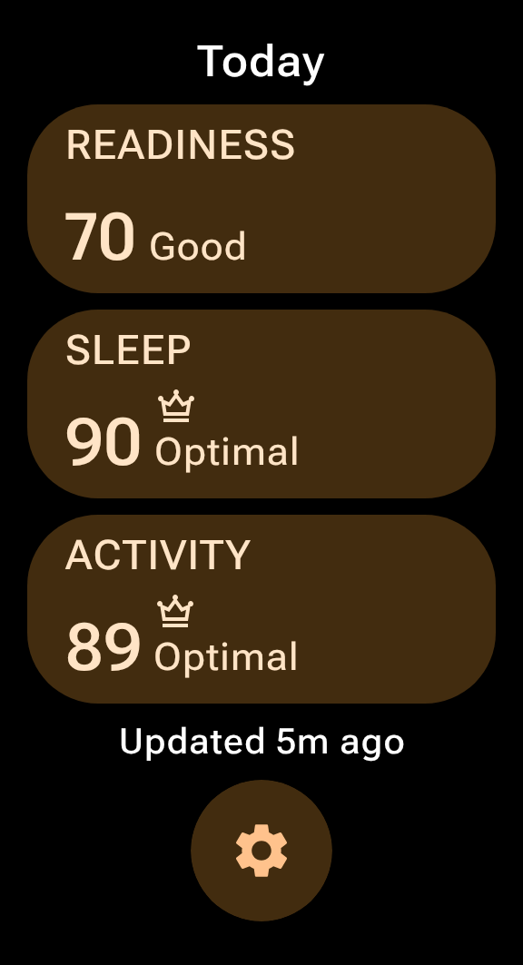 The Today screen: Readiness, Sleep, and Activity score cards, freshly synced.